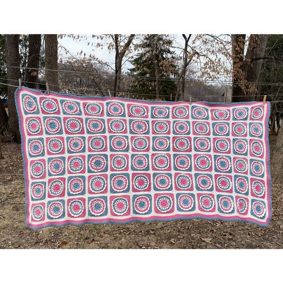 Vintage Granny Square Flower Afghan Blanket Throw Blue Pink White Retro Rustic - Picture 1 of 8